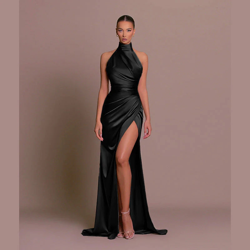 Women's Evening Gown - Halter Neck - Silky Fabric - Fitted Bodice - High Slit Elegant Dress