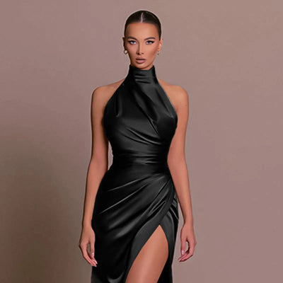 Women's Evening Gown - Halter Neck - Silky Fabric - Fitted Bodice - High Slit Elegant Dress