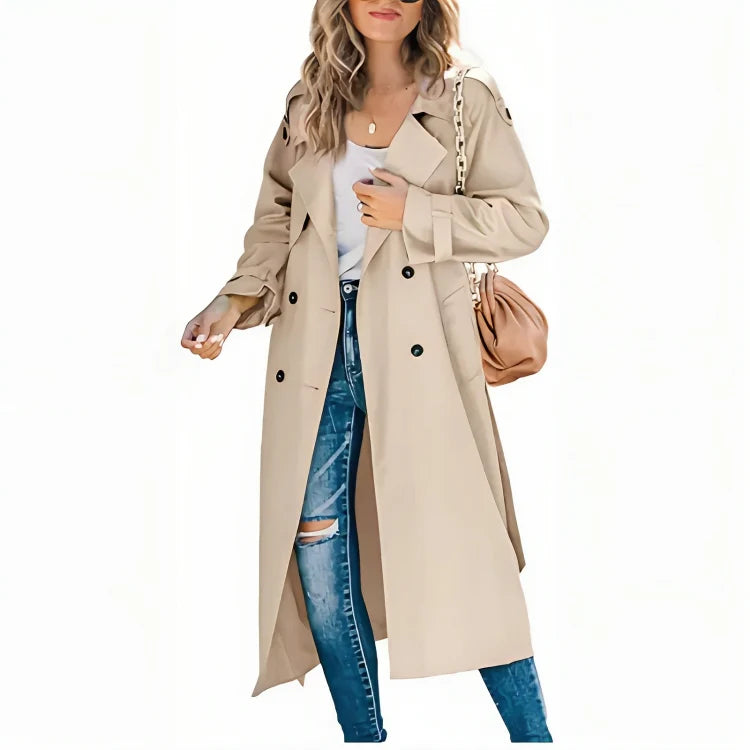 Women's Trench Coat - Tailored Fit - Long Length - Double-Breasted - Wide Lapel Collar