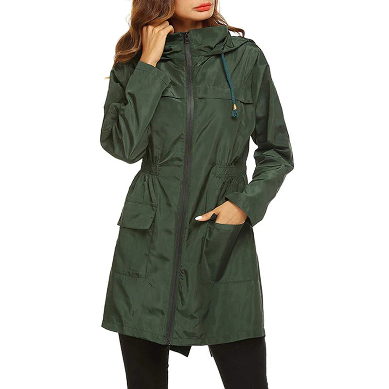 Women’s Raincoat – Water-Resistant – Cinched Waist – Packable Lightweight Hooded Jacket