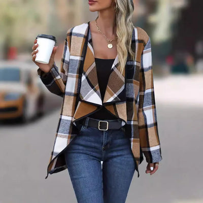 Women’s Open-Front Coat - Relaxed Fit - Draped Plaid Design