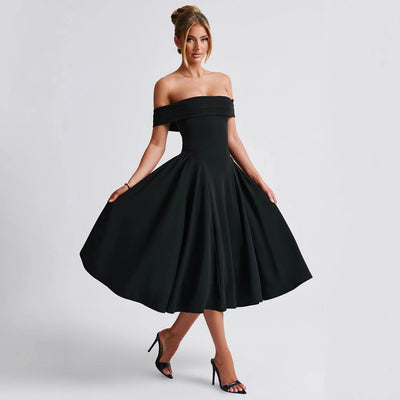 Women’s Midi Dress - Off Shoulder - A-Line Fit and Flare - Elegant Formal Silhouette