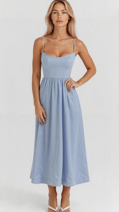 Women's Midi Dress - A-Line Silhouette - Spaghetti Straps - Elegant Flowing Design