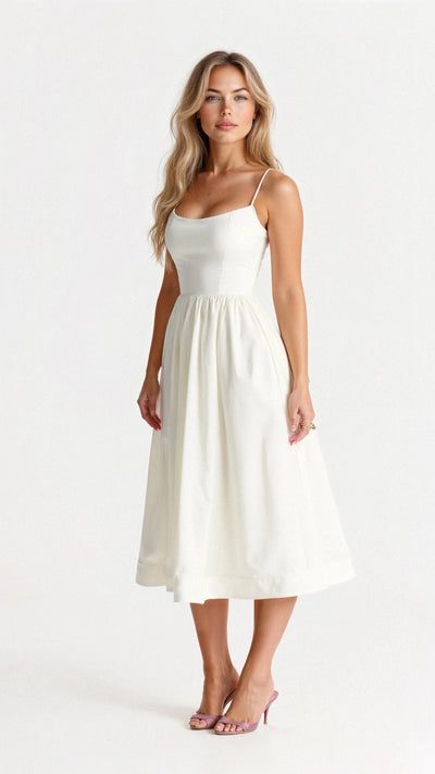 Women's Midi Dress - A-Line Silhouette - Spaghetti Straps - Elegant Flowing Design