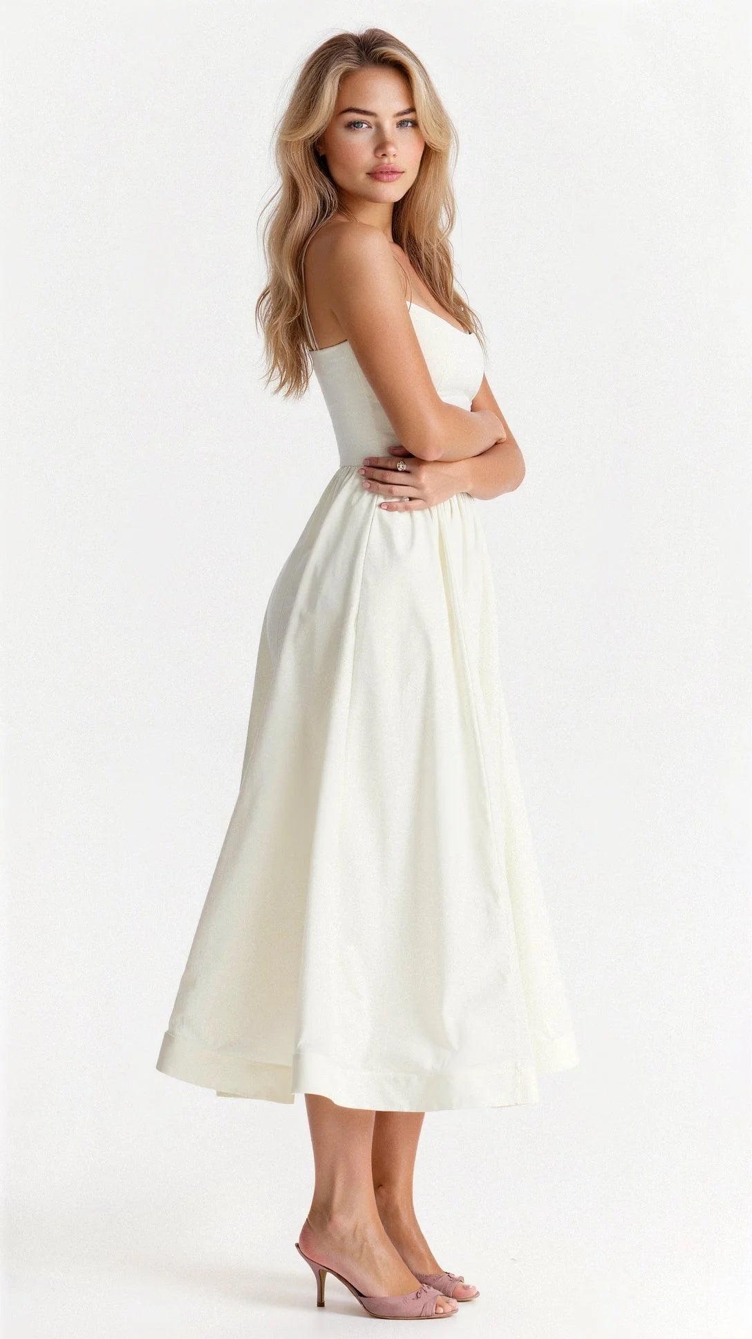 Women's Midi Dress - A-Line Silhouette - Spaghetti Straps - Elegant Flowing Design